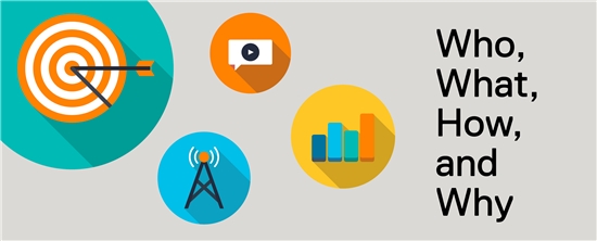 image containing 4 symbols: a target, a comment bubble, a communications tower, and a bar graph